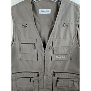OlympinA Fishing Vest Mens XL Olive Khaki Utility Travel Multi Pocket Zip